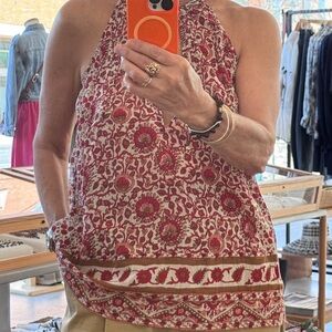 Joie Block Print Halter Top in Red Peach and Cream Medium